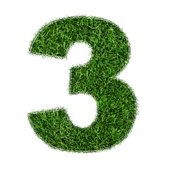  Grass numeral. Grass number 3 isolated on white background. Symbol with the texture of the green lawn. Eco symbol collection. 3D illustration