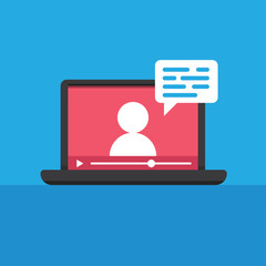 Online education vector illustration. Learning video on computer screen. E-learning and teaching at home. Stay at home campaign.