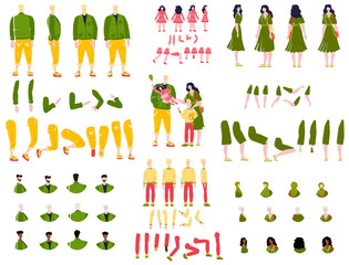 Constructor animation kit family set creation kit with parents, children and grandparents characters cartoon vector illustration. Body gesture hairstyle european people animation constructor set.