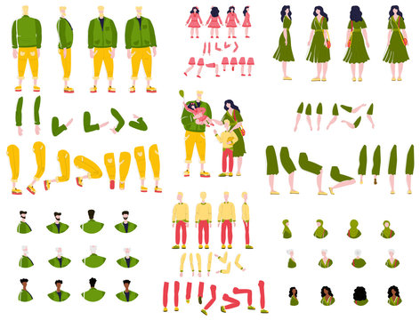 Constructor Animation Kit Family Set Creation Kit With Parents, Children And Grandparents Characters Cartoon Vector Illustration. Body Gesture Hairstyle European People Animation Constructor Set.