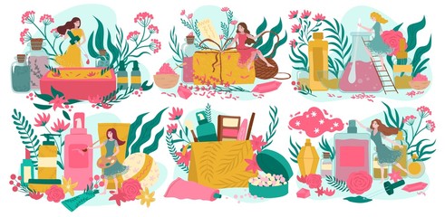 Organic cosmetics and natural medical plant, beautiful girl with herbs and flowers, leaves and berry floral set of vector illustration isolated on white. Cosmetology and cosmetologist bottles.