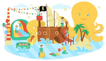 Kids zone, play area for children cartoon vector illustration. Kids zone playground with pirate ship, trampoline and climb-down for games and fun, playroom and entertainment park.