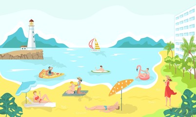 Vacationers in swimsuits at sea beach cartoon vector illustration, summertime relaxation and leisure. Beach hotel for cartoon tourists and vacation on seaside. Tropical summer travel.
