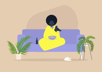 Stay home concept, social self isolation, young black female character cuddling with their dog wrapped in a blanket