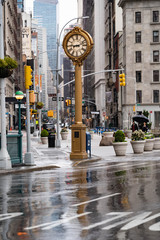 Empty streets of New York City. Madison square garden with historical clock and iron building. Rainy days in new York city, Manhattan. 