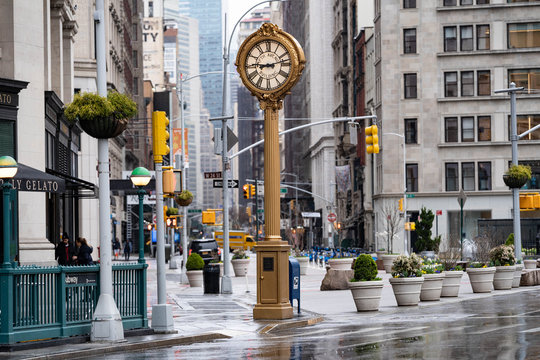 Empty Streets Of New York City. Madison Square Garden With Historical Clock And Iron Building. Rainy Days In New York City, Manhattan. 