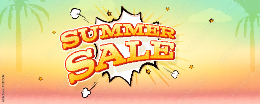 Poster summer sale banner with exploding speech bubble. tropical summer background with palms. design of ve