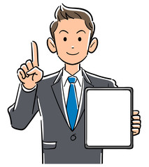 画面が空欄のタブレットPCを持ち人差し指を立てて説明するビジネスマン