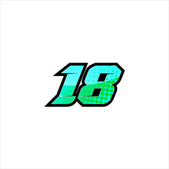 Vector Racing number 18, start racing number, sport race number with halftone dots style isolated on white background