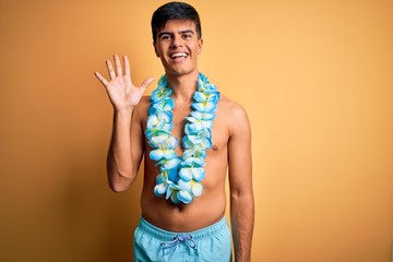 Young handsome tourist man on vacation wearing swimwear and hawaiian lei flowers showing and...