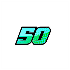 Vector Racing number 50, start racing number, sport race number with halftone dots style isolated on white background