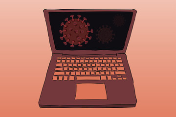colorful laptop with coronavirus image on the screen