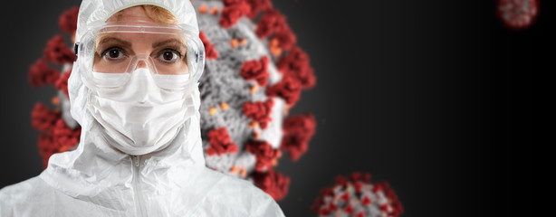 Banner of Female Doctor or Nurse In Medical Face Mask and Protective Gear With Coronavirus Behind