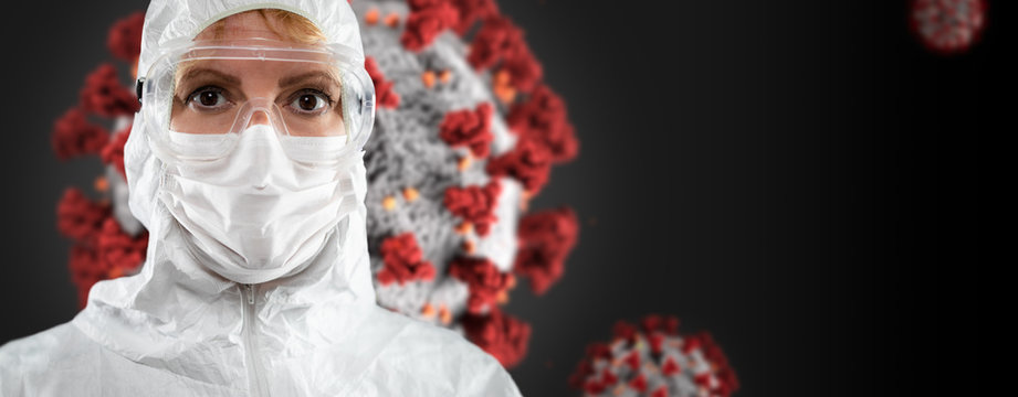 Banner of Female Doctor or Nurse In Medical Face Mask and Protective Gear With Coronavirus Behind