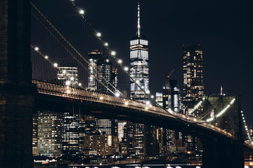 New York City skyline night view. Brooklyn bridge night view. World Trade Center night view. 