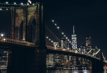 New York City skyline night view. Brooklyn bridge night view. World Trade Center night view. 