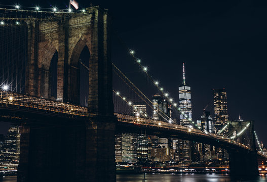Fototapeta New York City skyline night view. Brooklyn bridge night view. World Trade Center night view. 