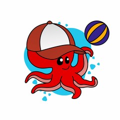 Illustration of Octopus Wears A Hat While Throwing the Ball Cartoon, Cute Funny Character, Flat Design