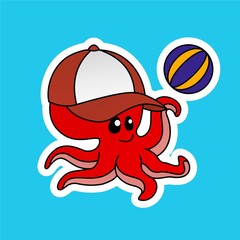 Sticker, of Octopus Wears A Hat While Throwing the Ball Cartoon, Cute Funny Character, Flat Design