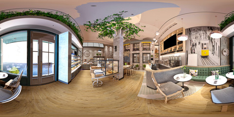 3d render of cafe restaurant, 360 degrees view interior