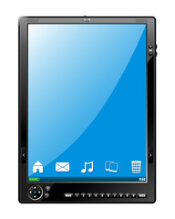 Vector design of a tablet computer mock up with buttons and icons for home, emails, music, pictures and trash. Can represent communications, technology, mobility, touchscreens and gadgets.