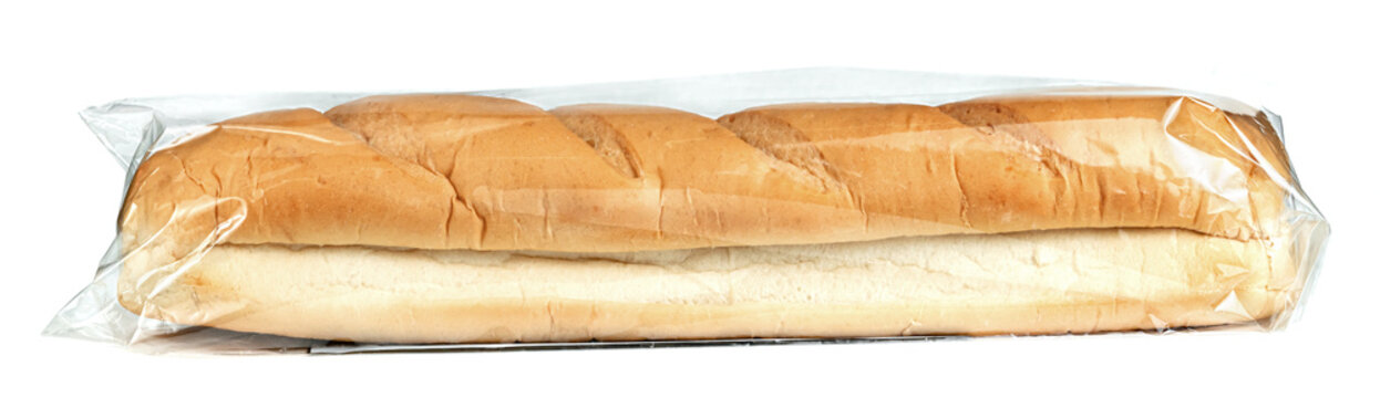 french baguettes in plastic bag ,bread isolated on a white background