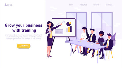 Illustrated business training concept with woman teaching class of business entrepreneurs. Vector illustration