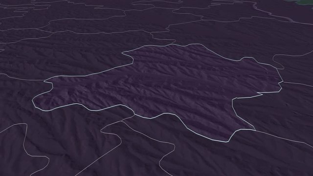 Străşeni, district with its capital, zoomed and extruded on the administrative map of Moldova in the conformal Stereographic projection. Animation 3D