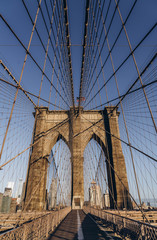 Brooklyn bridge in New York City. Brooklyn bridge details. Close up look. 