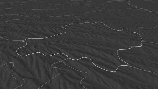 Străşeni, district with its capital, zoomed and extruded on the bilevel map of Moldova in the conformal Stereographic projection. Animation 3D
