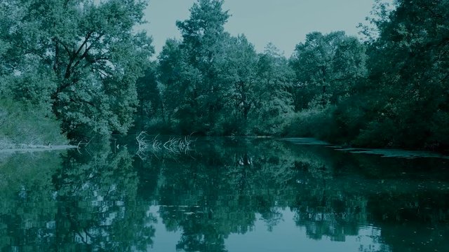 smooth forward movement of the boat along the mysterious river channel between the dangerous snags sticking out of the water. wrong turn left