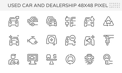 Used car and dealership vector icon set design, 48X48 pixel perfect and editable stroke.