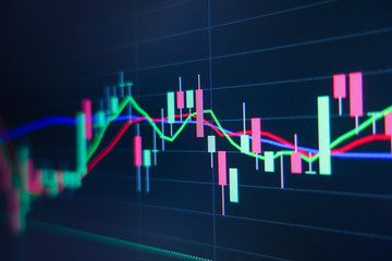 Stock market trading graph and candlestick chart on screen monitor background. Financial investment and economic concept.