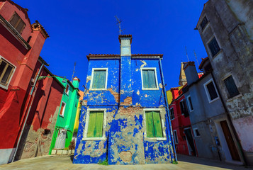 Cityscape view of colourful Burano town, island near Venice in Veneto, Italy