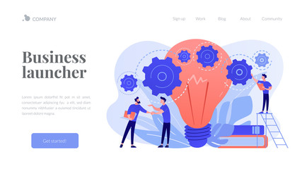 Fototapeta na wymiar Businessmen handshake and big bulb with rotating gears. Business idea, business launcher and development, business plan blue pink palette concept. Website homepage landing web page template.