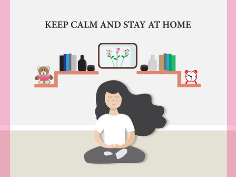 Covid-19 outbreak with A cute girl in meditation and stay at home,vector illustration paper art style.
