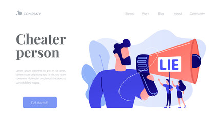 Businessman with huge megaphone cheating and tiny people holding word lie. Cheating in competition, cheater person, game cheats use concept. Website vibrant violet landing web page template.