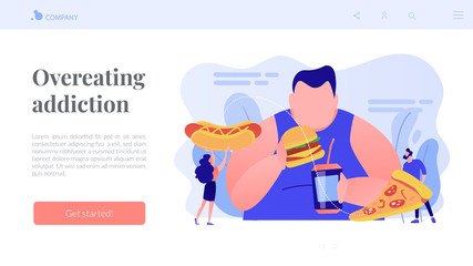 Overweight man eating burger, tiny people giving fast food. Overeating addiction, binge eating disorder, compulsive overeating treatment concept. Website vibrant violet landing web page template.