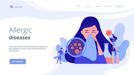 Female patient sneezing, taking a pill from doctor and allergen under magnifier. Allergic diseases, allergy reaction, antihistamines therapy concept. Website vibrant violet landing web page template.