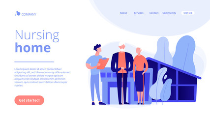 Skilled nurse and elderly people getting around-the-clock nursing care. Nursing home, nursing residential care, physical therapy service concept. Website vibrant violet landing web page template.