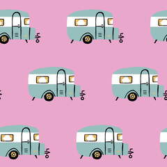 Seamless repeat retro camper. Vintage rv seamless pattern with pink background