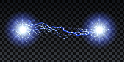 Lightning strikes and sparks, electrical energy on transparent background. Lightning flash and spark. Vector neural cells system.