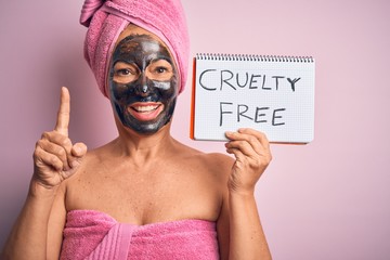 Middle age brunette woman wearing cruelty free beauty black face mask surprised with an idea or question pointing finger with happy face, number one