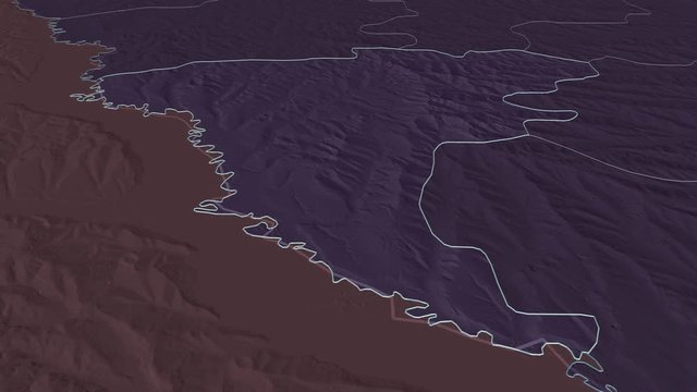 Ungheni, district with its capital, zoomed and extruded on the administrative map of Moldova in the conformal Stereographic projection. Animation 3D