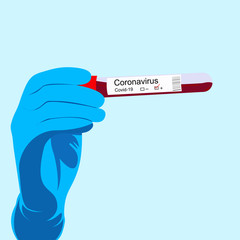 Hand wear glove holding blood test tube with covid - 19 code for corona virus in cartoon flat illustration isolated Vector