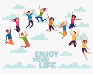 Group of young people jumping on white background with copy space. Stylish modern vector illustration with happy male and female teenagers Party, sport, dance and friendship team concept
