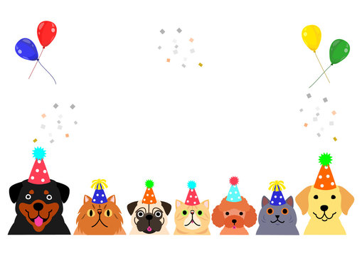happy dogs and cats with party hat border