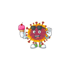 cartoon character of spreading coronavirus enjoying an ice cream