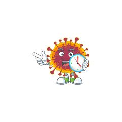 cartoon character style of cheerful spreading coronavirus with clock