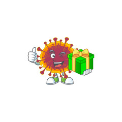 Cheerful spreading coronavirus cartoon character holding a gift box